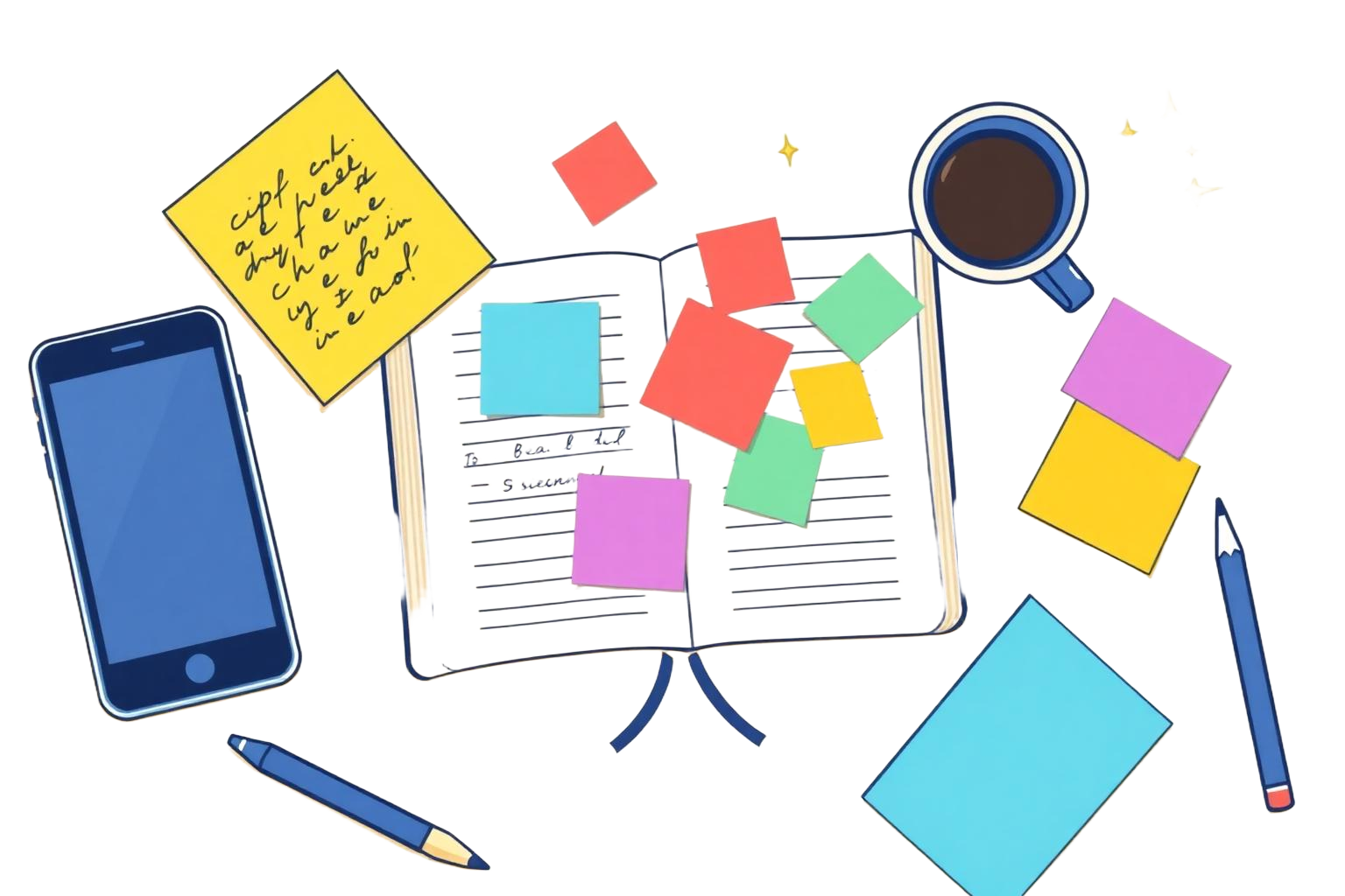 Messy student desk with phone scanning notes and colourful flashcards flying out